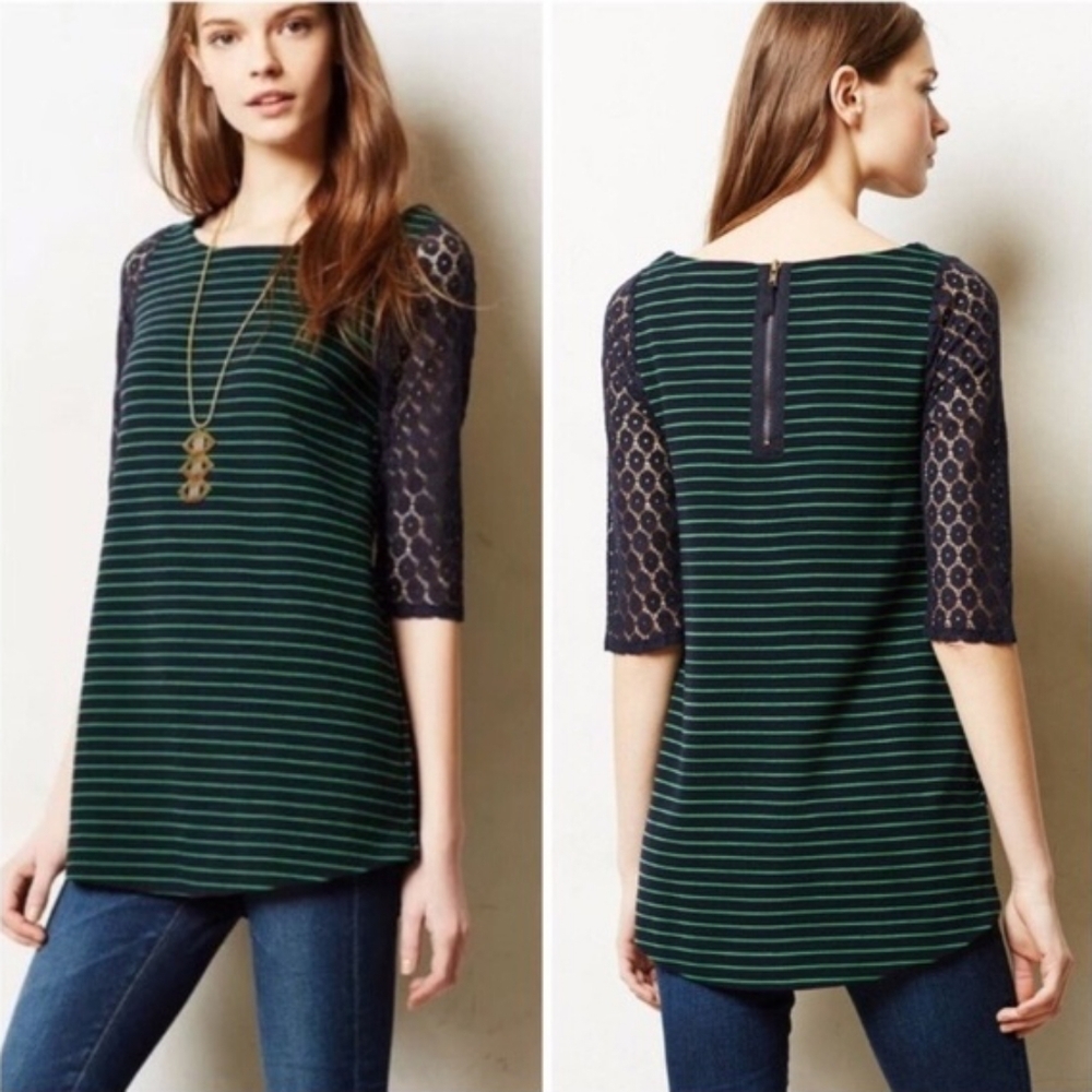 Anthropologie Green and Navy Striped Lace-Sleeve Top